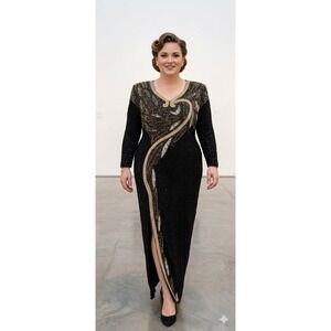 Vintage 80s Jewel Queen Beaded Silk Gown Womens 14 Black Gold Maxi Dress